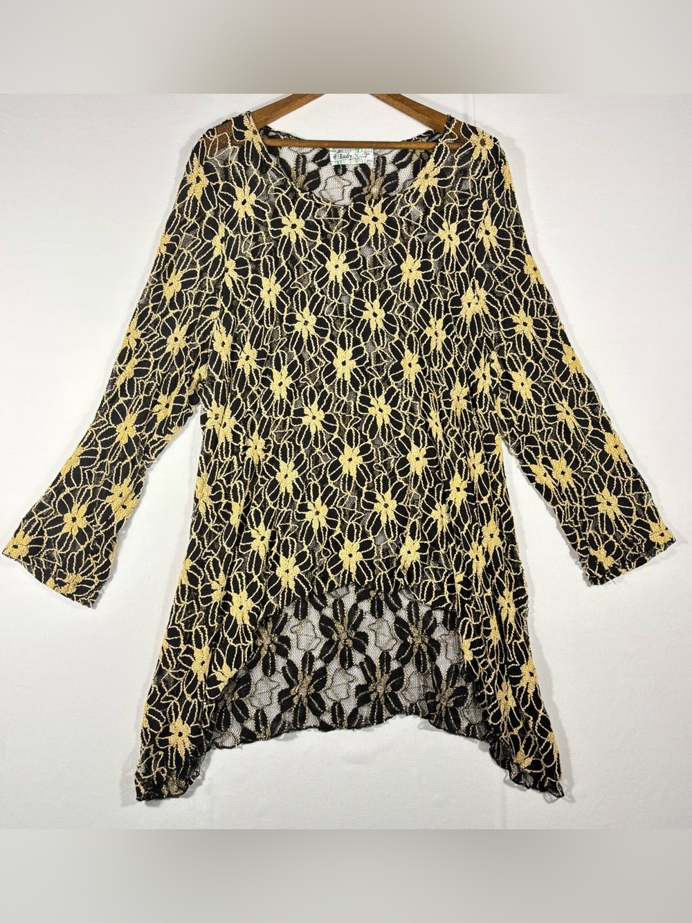 Lady Noiz Women’s One Size Sheer Floral Lace Tunic Cover Up Black Yellow Floral